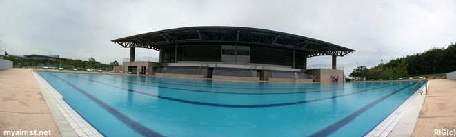  A panoramic view of the swimming pool and the grand stand.